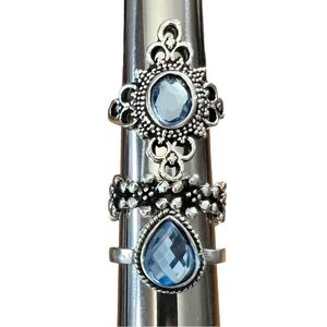 Lot of 3 Silver Tone Blue Teardrop, Floral & Oval Cabochon Size 6.25 Rings